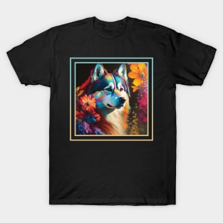 Angelic Siberian Husky Floral Tropical Digital Oil Painting Portrait T-Shirt